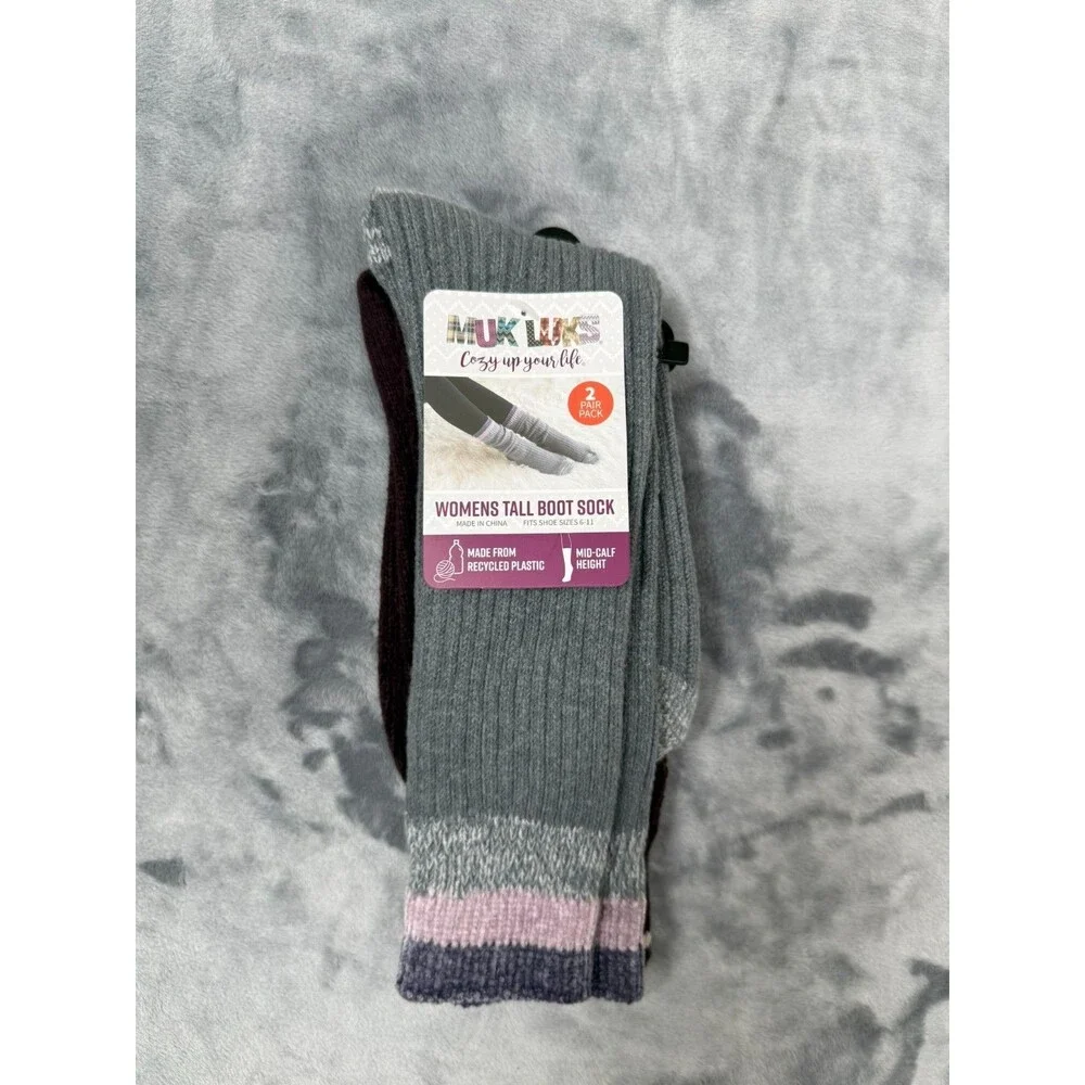 Muk Luks Women’s 2 Pair Pack Tall Boot Socks Mid-Calf Height size 6-11 Charcoal